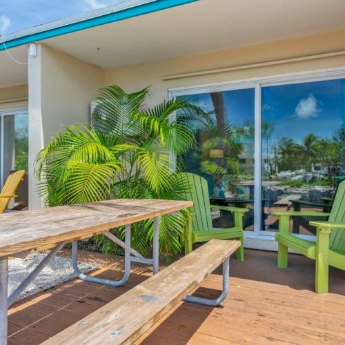 Patio with colorful Adirondack chairs, a picnic table, tropical plants, and glass doors reflecting a blue sky and palm trees.