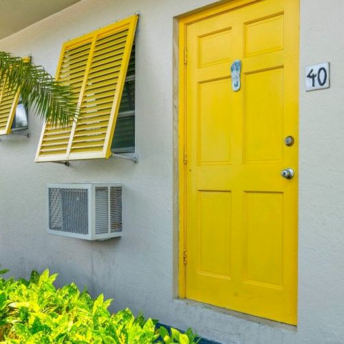 A white building with a bright yellow door and matching shutters, plants in the foreground, and the number 40 beside the door.