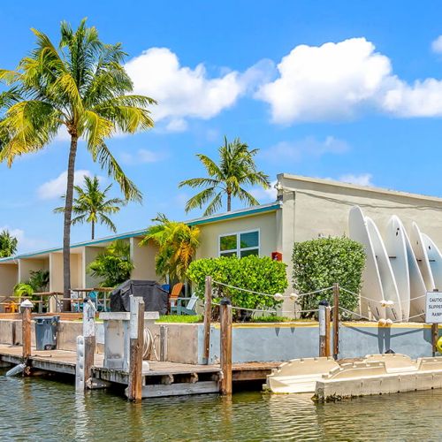 A waterfront scene with palm trees, a building, a dock, and colorful kayaks. The sky is blue with scattered clouds.