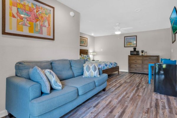 The image shows a cozy living space with a blue sofa, a bed, framed artwork, and a TV. The room also features wood flooring.